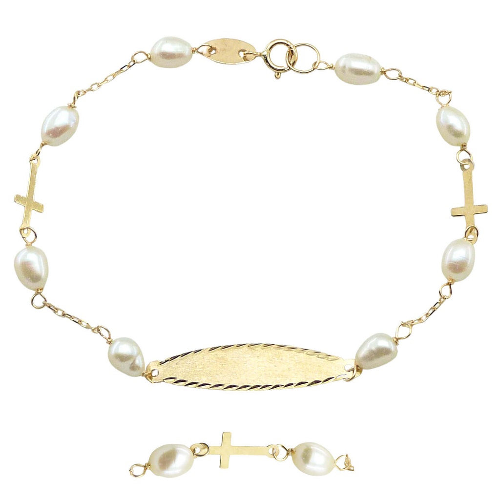 ENGRAVING PLATE HOLY FIRST COMMUNION BRACELETE WITH PEARLS AND CROSSES.