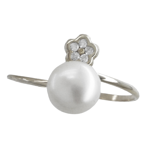 7MM PEARL AND FLOWER CZ FIRST HOLY COMMUNION RING.WHITE GOLD.