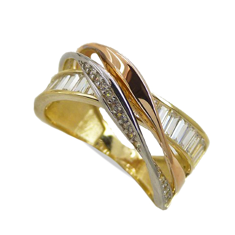 [4745] TRI-COLOR GOLD RING WITH BAGUETTE CZ.