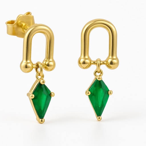 [5942E] EMERALD COLOR STONE "KITE"EARRINGS.11MM.