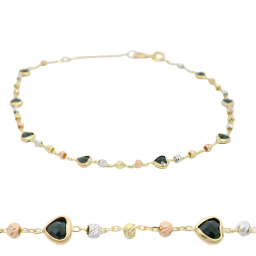 [00027PU] BLACK CZ HEART BEZELS AND TRI COLOR CARVED BALLS BRACELET.