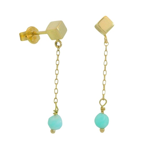 [00130PT] GOLD CUBE,CHAIN AND AMAZONITE DANGLING EARRINGS