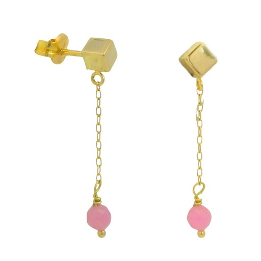[00130PR] GOLD CUBE,CHAIN AND TOURMALINE DANGLING EARRINGS