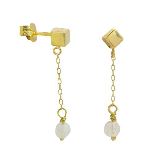 [00130PN] GOLD CUBE,CHAIN AND MOONSTONE DANGLING EARRINGS