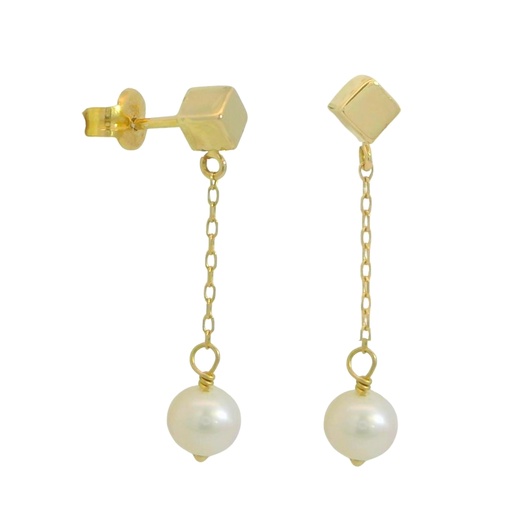 [00130PP] GOLD CUBE,CHAIN AND FRESHWATER PEARL DANGLING EARRINGS.