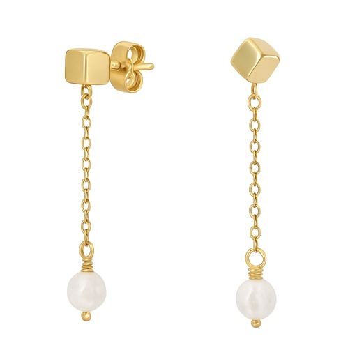 [00130PP] GOLD CUBE,CHAIN AND FRESHWATER PEARL DANGLING EARRINGS.