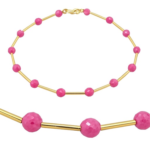 [00137PUR] PULSERA TUBOS CON PIEDRA TURMALINA ROSA SEMIPRECIOSA.17CM