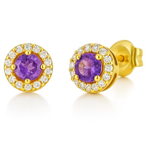 [5959AM] 5MM STUD EARRINGS.3MM AMETHYST AND CZ
