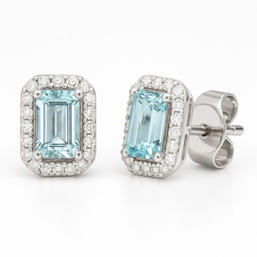 [B4195P/0.14] PENDIENTES AGUA MARINA 6x4MM( 0.54 CT TW) Y BRILLANTES  1.024 DI 64 RD SI 0.14 CT TW