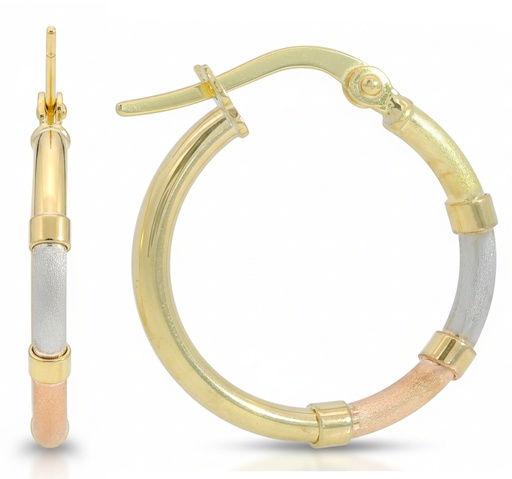 [9K0019] 20x2MM TRI-COLOR GOLD HOOP EARRINGS. 9 KARAT