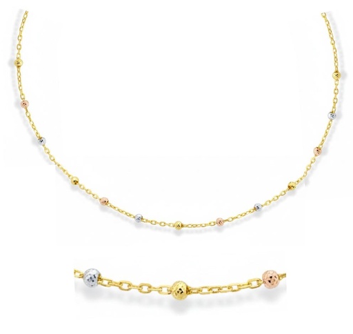 [9K00073] 1'5MM TRI-COLOR GOLD CARVED BALLS NECKLACE.9 KARAT