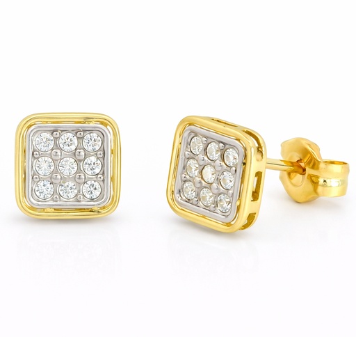 [9K0050] PENDIENTES CUADRADOS BICOLOR.6MM. PRESION. 9 KILATES