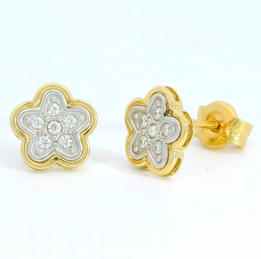 [9K0051] PENDIENTES  FLOR  BICOLOR. 6MM.PRESION 9KILATES