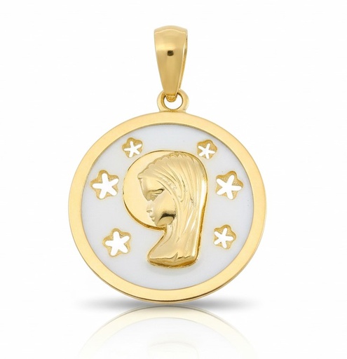 [9K0053] MEDALLA VIRGEN NIÑA REDONDA  CON NACAR ,16 MM.9KILATES