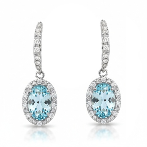 [00199BA] 18MM OVAL AQUAMARINE AND CZ DANGLING EARRINGS.WHITA GOLD