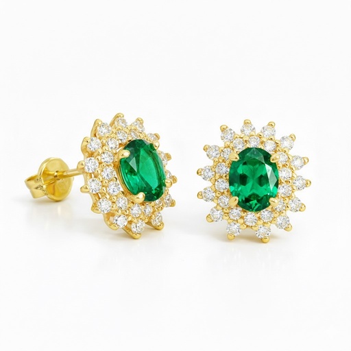 [9K0041PE] PENDIENTES CUAJO CIRCONITAS Y  NANO ESMERALDA DE 5x4MM.9 KILATES