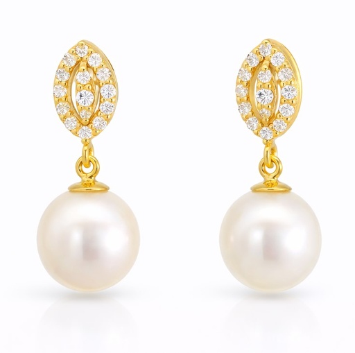 [9K0074] PENDIENTES CIRCONITAS Y PERLA CULTIVADA DE 7MM.9 KILATES