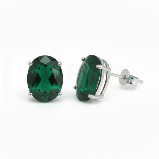 [5046EB] 10x8MM EMERALD COLOR QUARTZ STUD EARRINGS.WHITE GOLD
