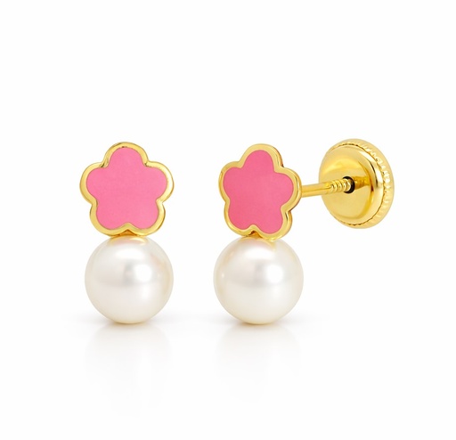 [00214] PENDIENTES ESMALTE FLOR Y  PERLA DE 4MM.ROSCA.