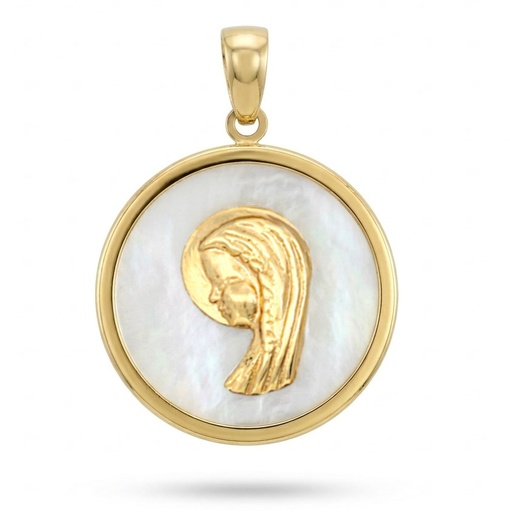[9K0080] MEDALLA VIRGEN NIÑA REDONDA  CON NACAR ,16 MM.9KILATES