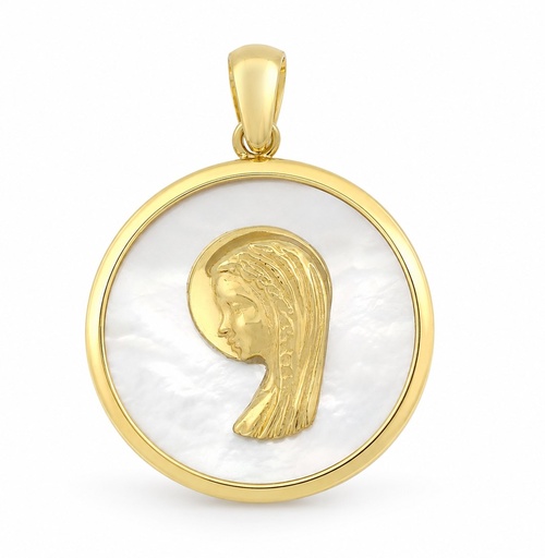 [9K0080] MEDALLA VIRGEN NIÑA REDONDA  CON NACAR ,16 MM.9KILATES