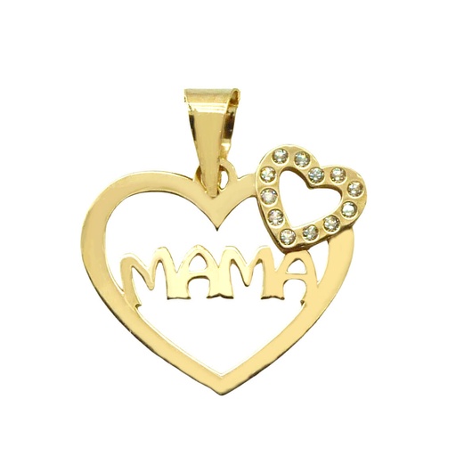 [9K5605] COLGANTE DOBLE  CORAZON MAMA  CON CIRCONITAS 15MM 9 KILATES