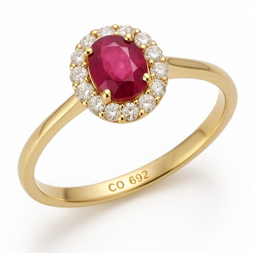 [B4187R] 0.25 CT OVAL RUBI AND DIAMOND RING. H-SI 0.12 CT 