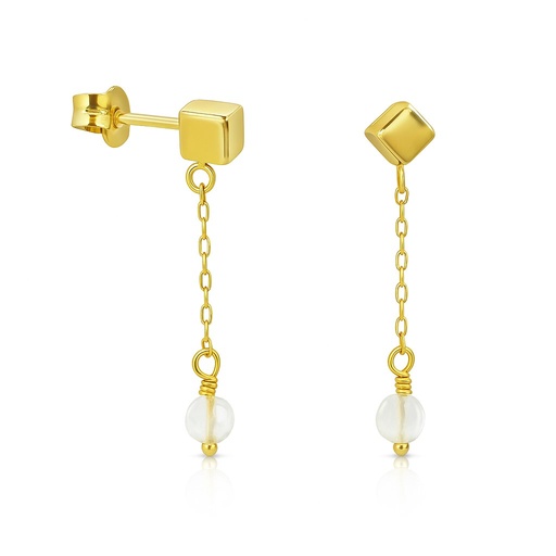 [00130PN] GOLD CUBE,CHAIN AND MOONSTONE DANGLING EARRINGS