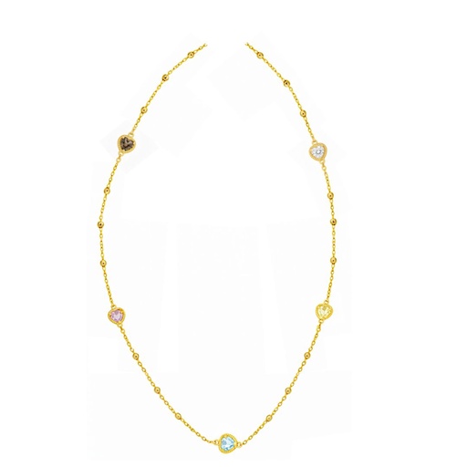 [9K0037] 5 COLORED HEART CZ AND GOLD BALLS NECKLACE.9 KARAT