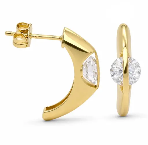 [9K0107] 17x3MM HALF HOOP EARRINGS WITH 5MM CZ.9 KARAT