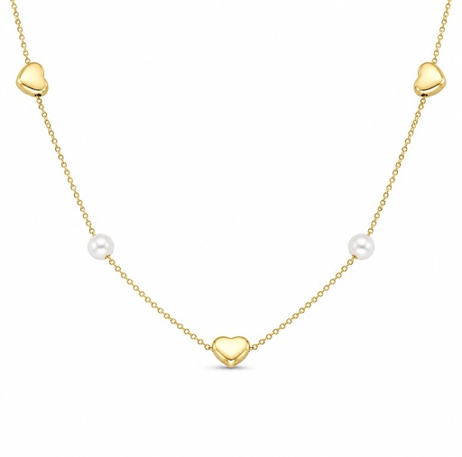 [9K0091] 2 FRESHWATER PEARLS AND 3 GOLD HEARTS NECKLACE.