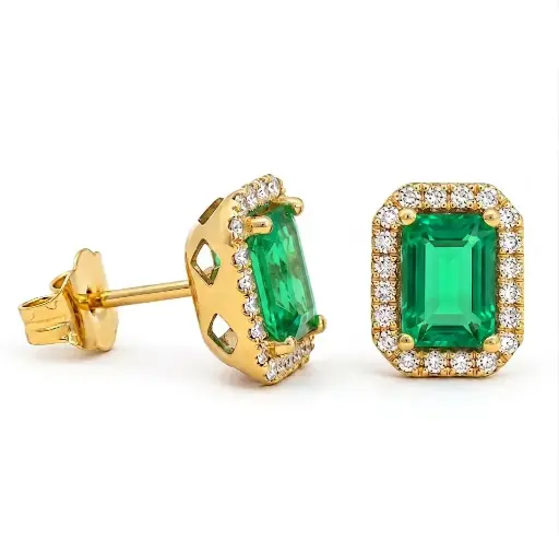 [B4232E] 6x4MM(1.321 CT TW) EMERALD STUD EARRINGS WITH DIAMONDS