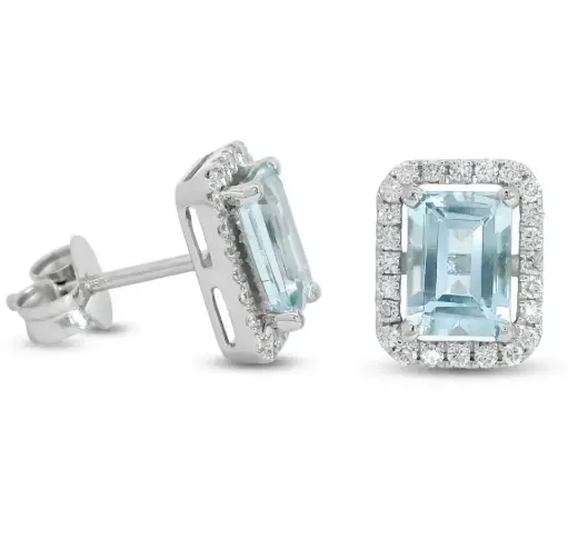 [B4234/0.28] 7x5MM(2.2 CT TW) AQUAMARINE STUD EARRINGS WITH H-SI DIAMONDS(0.28 CT TW)