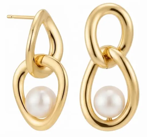 [9K00270] PENDIENTES DOBLES CON PERLA DE 7MM.30x15MM 9KILATES