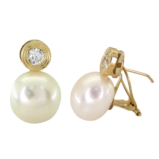 [2314/O] 12MM BUTTON PEARL AND CZ OMEGA EARRINGS.