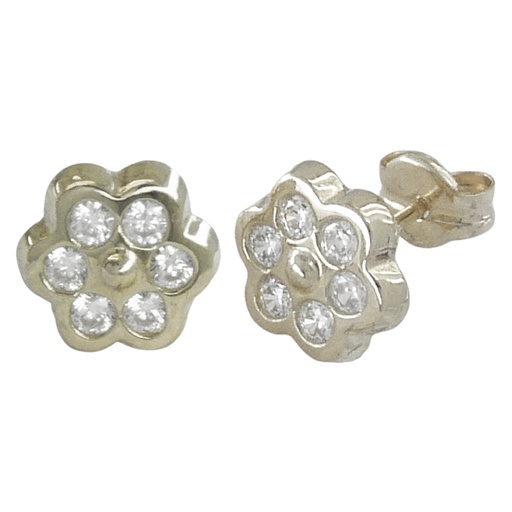 [2508B] CZ FLOWER STUD EARRINGS.PUSHBACK.WHITE GOLD.