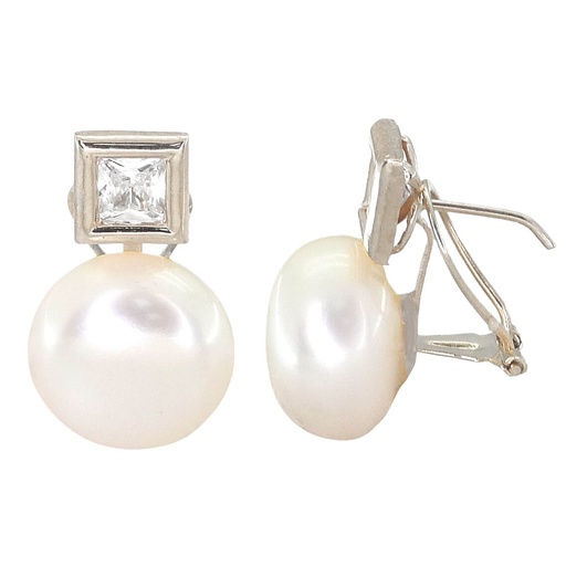 [2315/OB] 12MM BUTTON PEARL OMEGA BACK EARRINGS.WHITE GOLD.