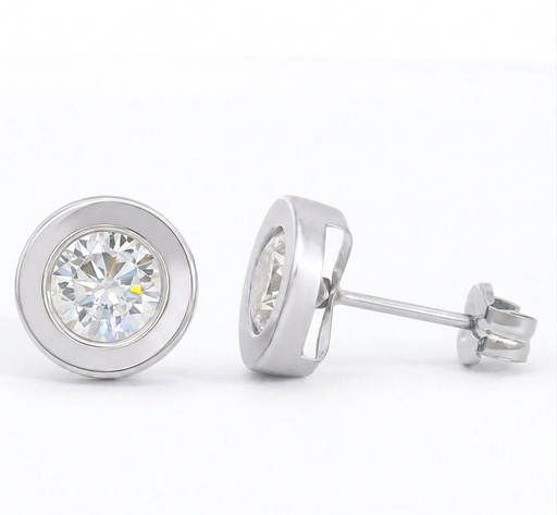 [1029B] 8MM  WHITE GOLD BEZEL STUD EARRINGS.PUSHBACK.