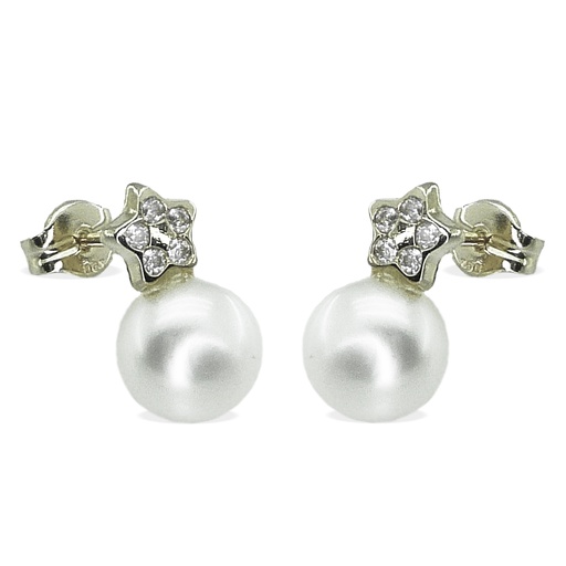 [2793B] PENDIENTES ESTRELLA Y PERLA BOTON  DE 7'5MM.ORO BLANCO.PRESION Perla Cultivada