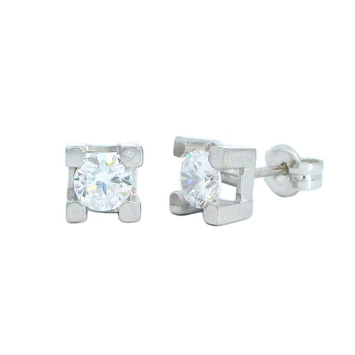 [1108B] WHITE GOLD SQUARE STUD EARRINGS WITH CZ.