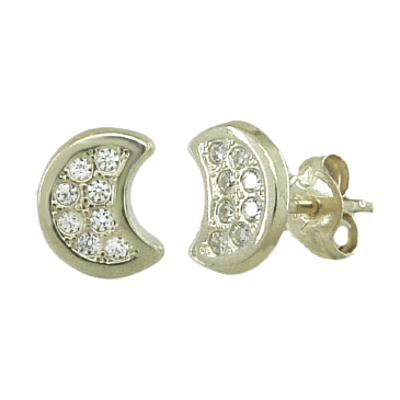 [4337B] 8MM MOON STUD EARRINGS WITH CZ.WHITE GOLD.