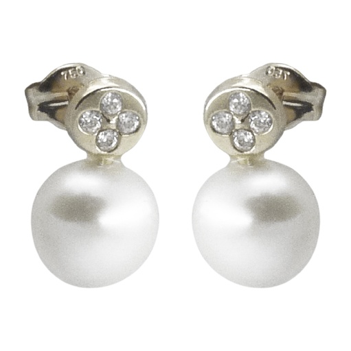 [2322B] PENDIENTES REDONDOS ORO BLANCO.PERLA BOTON 7.5MM.PRESION. Perla Cultivada