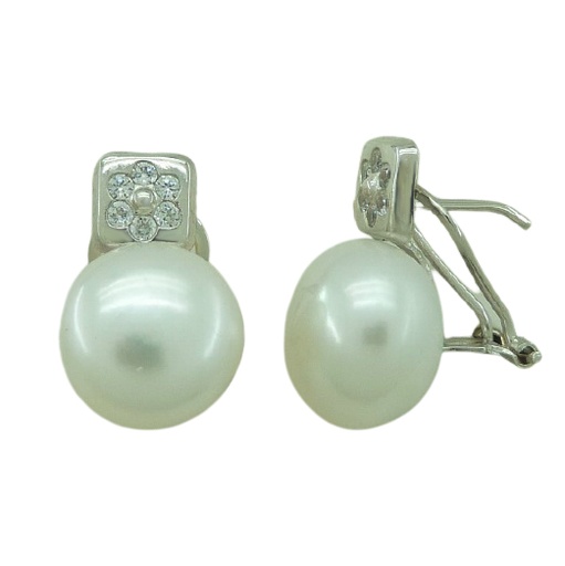 [2528B] PENDIENTES ORO BLANCO CUADRADROS PERLA BOTON 11/11'5MM.OMEGA.