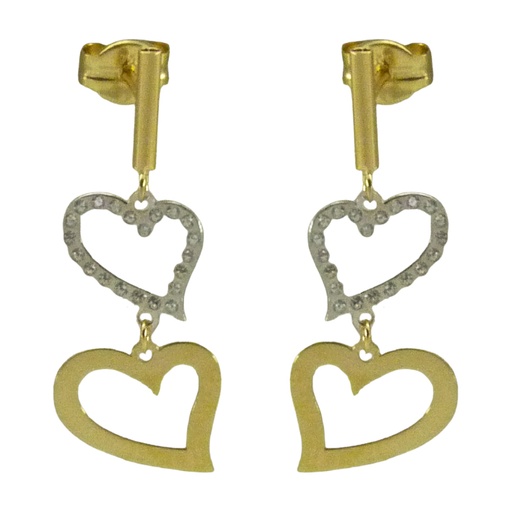 [5123] 24MM TWO TONE GOLD DANGLING EARRINGS.TWO HEARTS.