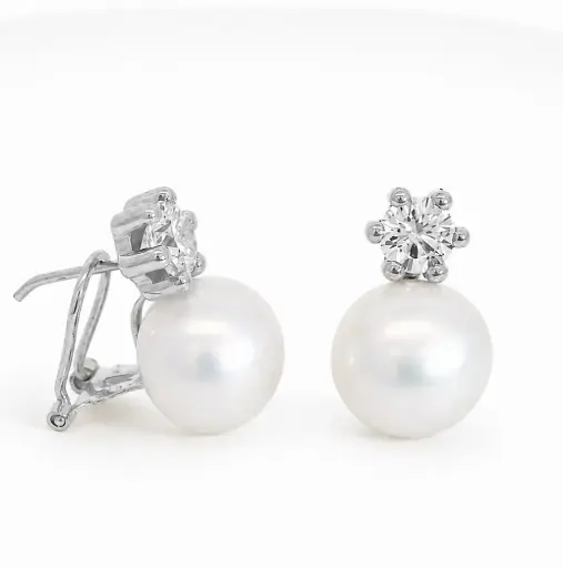 [3600B] PENDIENTES GARRA 5MM Y PERLA DE 12MM.OMEGA.ORO BLANCO.