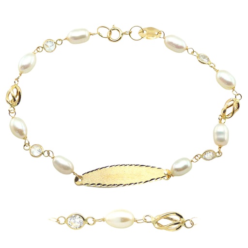 [9001/21] PULSERA DE COMUNION CON CHAPA, PERLAS Y CIRCONITA Perla Cultivada