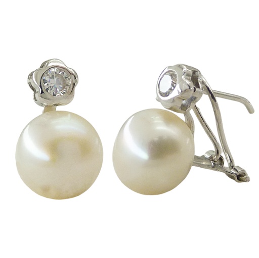 [3906B] 3MM CZ AND 9MM BUTTON PEARL EARRINGS.OMEGA BACK.